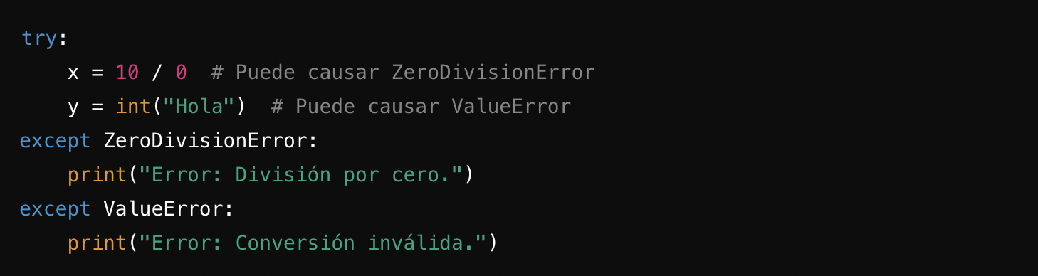 Fragmento de c&oacute;digo que demuestra la gesti&oacute;n de errores en Python, con excepciones para ZeroDivisionError y ValueError.